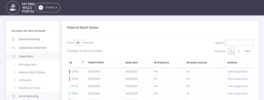 The portal’s Referral Batch Status page, listing each batch of referrals with its dates, number of donors and vouchers used
